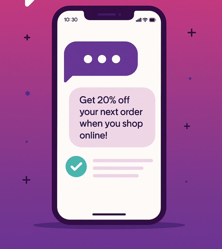 Mockup of a phone displaying an SMS marketing campaign with a promotional message