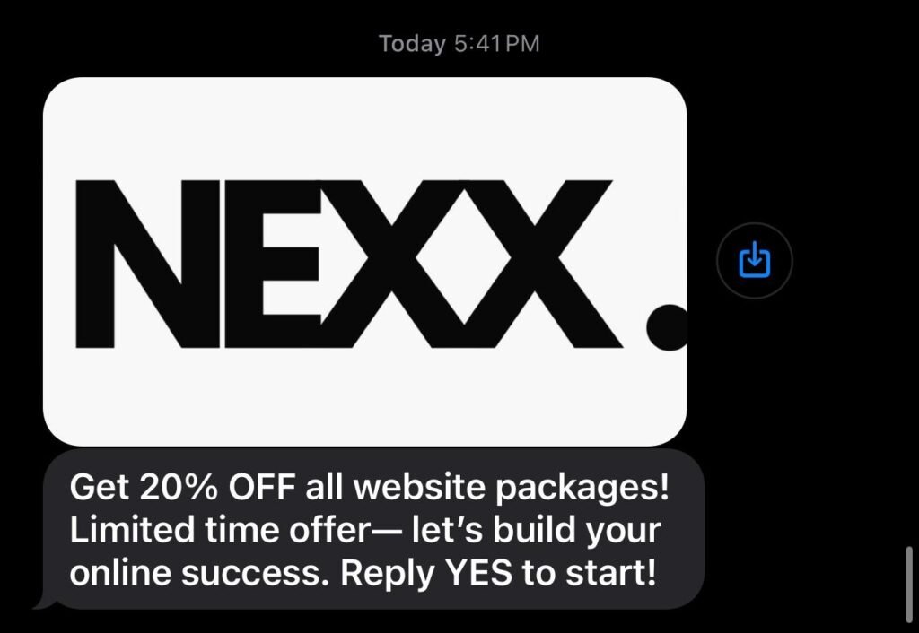 Example of a promotional SMS message for website services with a limited-time offer
